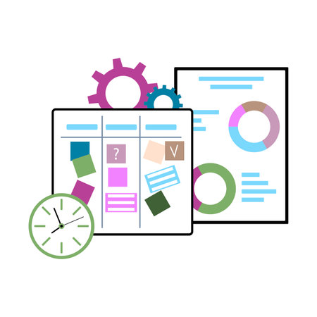Concept process management to do task, reach to goal in business, planning and control project, vector scrum board for solution, backlog and appointment, result and feedback illustrationのイラスト素材