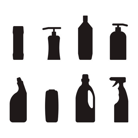 Detergent bottle black silhouette shape and shape. Vector chemical domestic for bathroom and kitchen, wash and clean bottle to disinfect and sanitary, collection disinfectant illustrationのイラスト素材