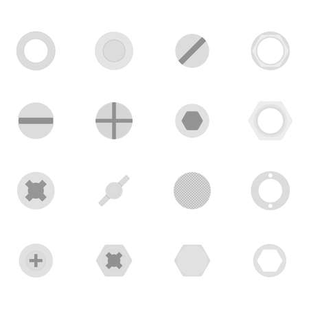 Top view bolt and tapping, screw and rivet, hexagon or cross form. Collection of fix tools crosshead and nut for workshop, pattern hexagon and rivet surface illustration. Set of hardware toolsのイラスト素材