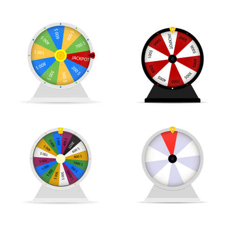 Fortune wheel collection, luck spin and roulette. Risk leisure, success in spin lottery, lucky fortune game, win in casino prize. Vector illustration jackpot opportunityのイラスト素材