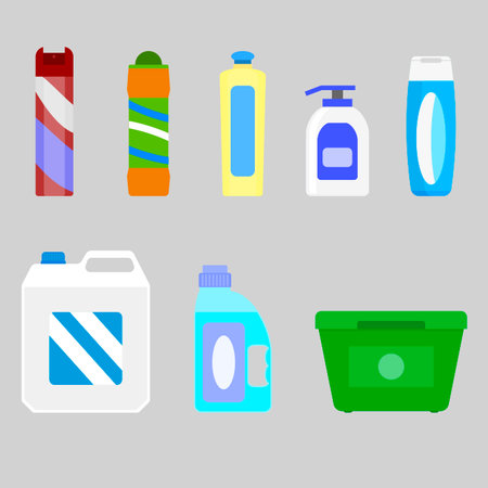 Domestic housework sanitary bottles vector, detergent packaging, desinfectant spray and leaning supplies. Colored box plastic detergent, washing housekeeping illustration. Fabric softener and powderのイラスト素材
