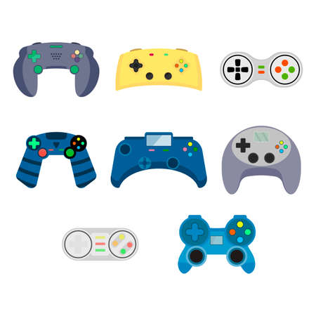 Gadget and joypad to entertainment game, device controller joystick wireless, keypad for video game, computer electronic pad for play in arcade. Vector illustrationのイラスト素材