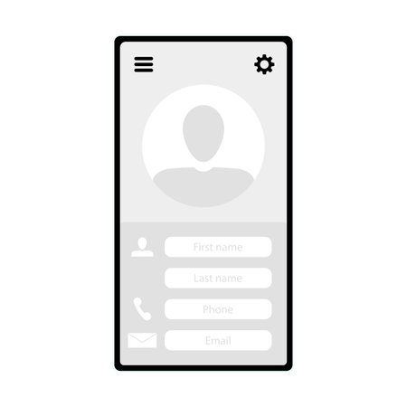 Template of page contact in smartphone with name, email and number phone. Smartphone screen interface, mobile layout information with number phone and username. vector illustrationのイラスト素材