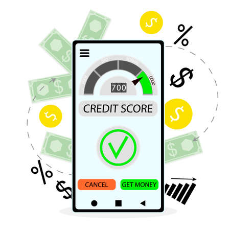 Positive credit score to micro loan or get credit. Vector business banking application for payment or take mortgage, excellent performance rating illustrationのイラスト素材