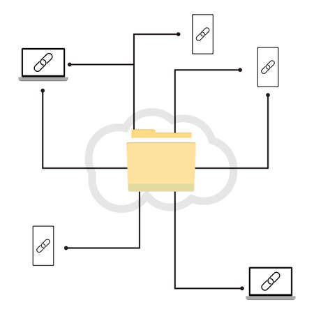 User device cloud network connect to public folder, cooperation and synchronization. vector illustration. virtual cooperation, business unions, mass mailing of information, online communicationのイラスト素材