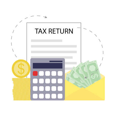 Tax return concept, calculation to back money. vector illustration. Credit money, business documents, success paycheck debt, budget balance, wage saving, economy concept, receving government bankingのイラスト素材