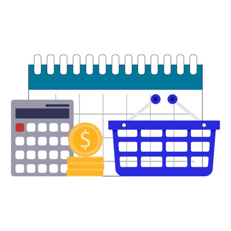 Monthly grocery budget, calculation expenses to buy food. vector illustration. Family bunget, supermarket payment, home list, shop ad, wallet banner, check list, management style, shopping financeのイラスト素材