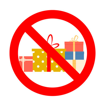 Prohibition of present to birthday event and christmas. Vector token prohibitory, ban giving bribe, not available award illustrationのイラスト素材