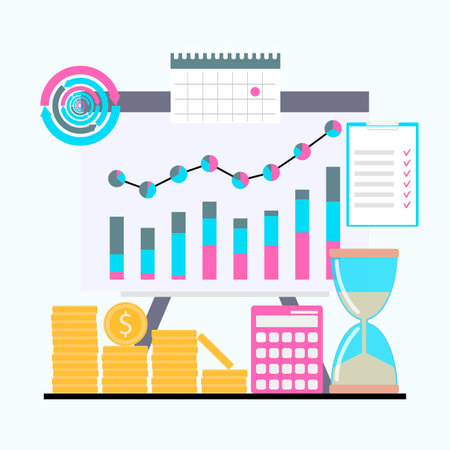 Business process chart, time and money, goals and objectives. Vector of chart money, infographic and diagram workflow, visualization of management illustrationのイラスト素材