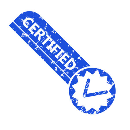 Certified product rubber stamp, checked and approved by company. Vector of stamp accredited and confirmation, approve warranty, scratched passed certification illustrationのイラスト素材