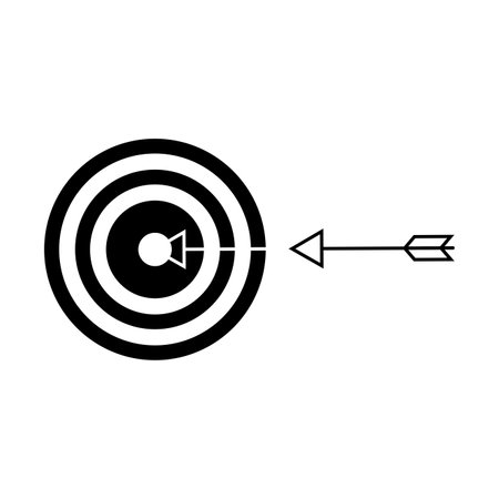 Bullseye arrow in target, manage to goal, reach to task. Vector of accuracy and competition illustration, black white icon dartboard and objectiveのイラスト素材