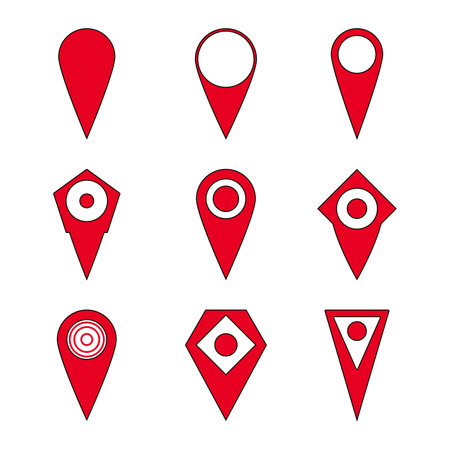 Pin location set, destination for travel and tourism, directions or guide route. vector illustration. Map red marker, gps location pin, tourist app, city mark pointer, place direction signのイラスト素材