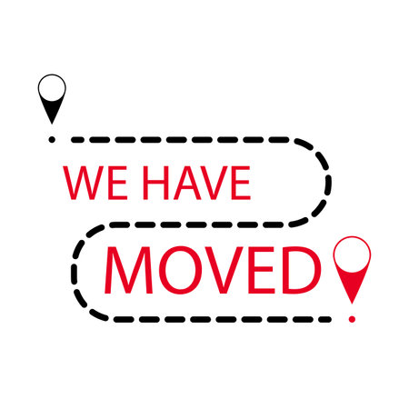 Banner and label for relocation and moving, we have moved. vector illustration. Office relocation and business relocation, moving company, place map pin, geotag replace, board attentionのイラスト素材