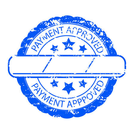 Rubber stamp payment approved with place for date. vector illustration. Blue ink stamp, authorized sticker, postmark verification, vintage paperwork sign, business financial commerce, approved billsのイラスト素材