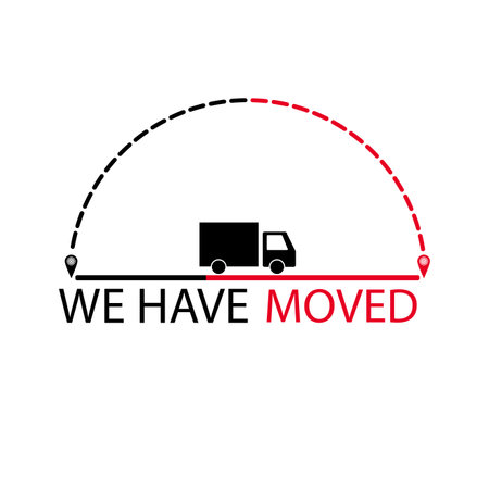 We have moved label with truck. Relocation and transportation, delivery or logistics, vehicle shipping, moving service. vector illustration. Truck moving, logistic movers message, geotag pointerのイラスト素材