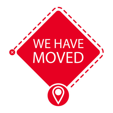 We have moved label to relocation. vector illustration. Moved label, navigation pin, commercial speech, attention banner, address changed, new place concept, logistic relocate, geo tagのイラスト素材