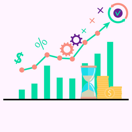 Time to growth business and capital of money, chart ascend trend line. Vector of progress business ascending, diagram profit, analysis presentation, analytics stock market illustrationのイラスト素材
