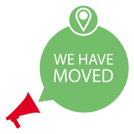 Announced relocation, we have moved in speech bubble. Vector change of address, office relocation, business move, moving announcement and new premises illustrationのイラスト素材