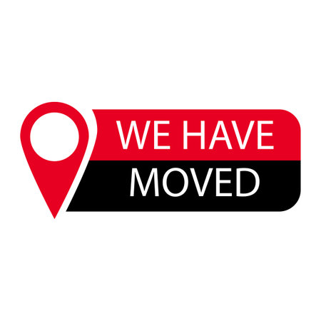 We have moved label or badge. Illustration of announcement and announce change location, icon of new address vector, place pin movedのイラスト素材