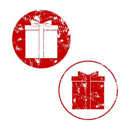 Rubber stamp print, icon gift and present. Vector of box grungy present, shopping seal anniversary illustrationのイラスト素材