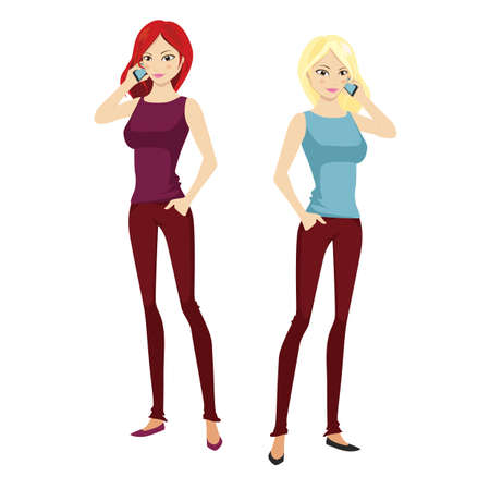 Two young female characters on the phoneのイラスト素材