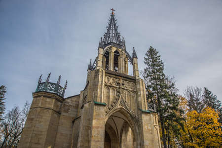 Beautiful religious building in Russia, which is located in autumn Park,in the city of St. Petersburg.の写真素材