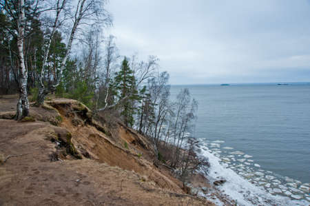 Huge ice floes in the river, the trees hanging over the water.Russia.の写真素材
