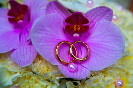Beautiful gold jewelry lying around flowersの写真素材