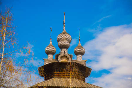 Beautiful vintage Orthodox religious structures on the background of blue sky.Spring, Sun.の写真素材