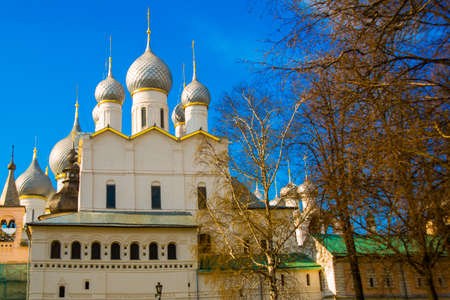 Beautiful vintage Orthodox religious structures on the background of blue sky.Spring Sun.の写真素材