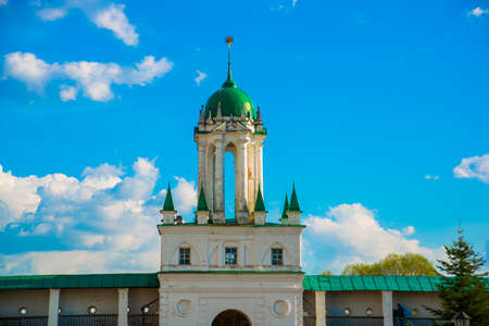 Beautiful vintage Orthodox religious structures on the background of blue sky.Spring, Sun.