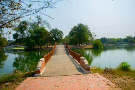 The bridge thrown across the lake.In the distance palm trees.Ayutthaya Thailand.の写真素材