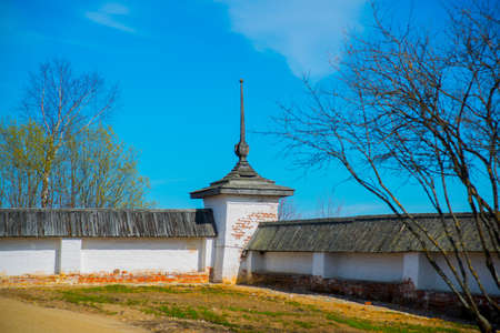 Beautiful vintage Orthodox religious structures on the background of blue sky.Spring, Sun.