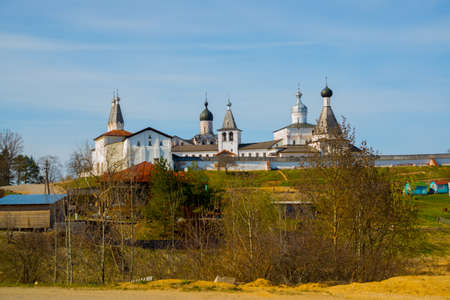 Beautiful vintage Orthodox religious structures on the background of blue sky.Spring, Sun.