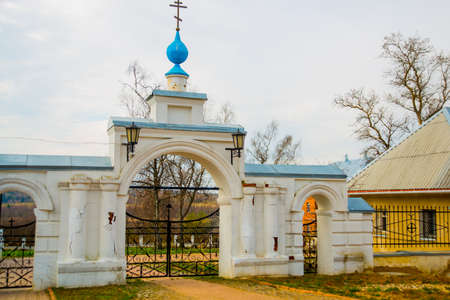 The Orthodox Church is white with blue domes in Russia.の写真素材