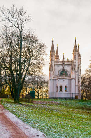 Beautiful Gothic chapel in the Park of Alexandria, the Church of Alexander Nevsky.Russia.Saint-Petersburg.Peterhof.Autumn.の写真素材
