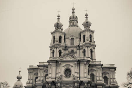 Black and white photography. Smolny Cathedral in overcast weather in St. Petersburg,Russia.The temple is blue with white columns and decor.の写真素材
