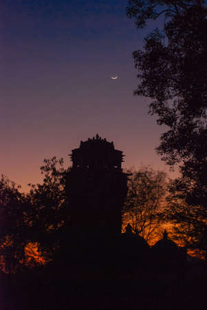 Beautiful view of the city. A month on sky. The silhouette of the building. Udaipur, Indiaの写真素材
