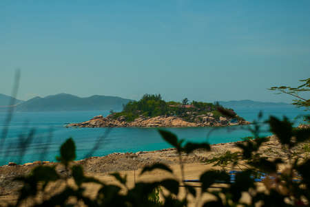 Beautiful sea the mountains on the horizon.The garden of stones, popular tourist destinations at Nha Trang. Vietnamの写真素材