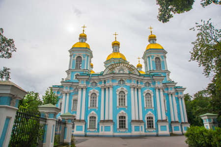 St. Nicholas Naval Cathedral blue color with Golden domes. St. Petersburg. Russiaの写真素材