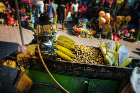Balinese market. Shop with corn and nuts. Bali, Indonesiaの写真素材