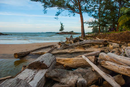 Landscape view of the water in the evening pipe with the fire on the horizon, city Bintulu, Borneo, Sarawak, Malaysia, Pantai Temasya Tanjung Batuの写真素材