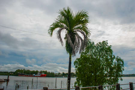 The port area with ships city Bintulu, Borneo, Sarawak, Malaysiaの写真素材
