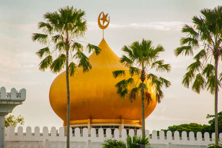 Beautiful Masjid At-Taqwa mosque with its Golden dome and palm trees. Miri city, Borneo, Sarawak Malaysiaの写真素材