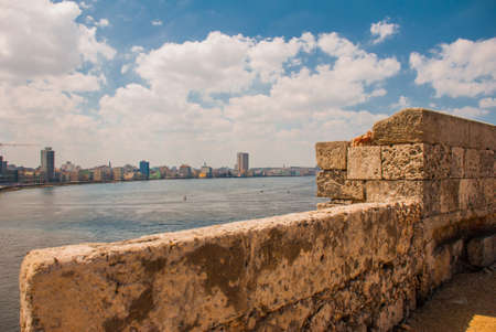 View of the city and the Bay from the fortress Castillo Del Morro lighthouse. Havana capital of Cubaの写真素材