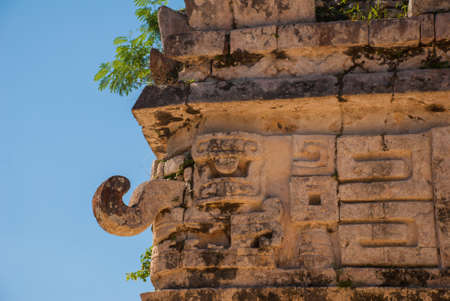 Ancient Mayan drawings on stone. The texture of the stone. Fragment of an old building....