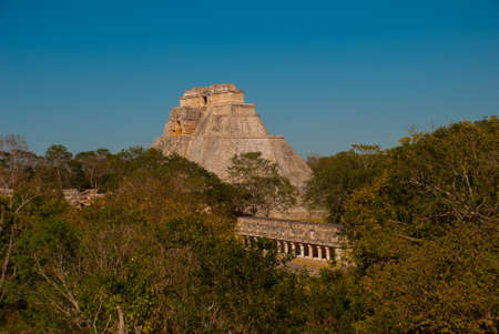 Pyramid of Uxmal, an ancient Maya city of the classical period. One of the most important archaeological sites of Maya culture.  Ruins of Uxmal. Yucatan, Mexicoの写真素材