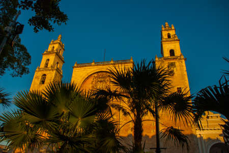 Merida San Ildefonso cathedral against the blue sky in the evening. Yucatan. Mexico