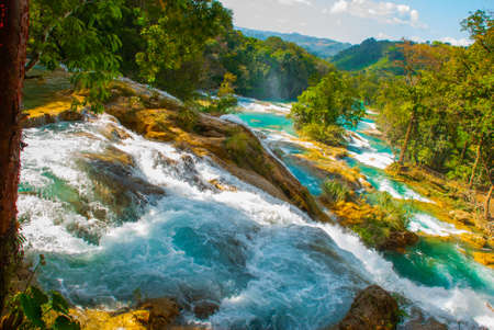 Extraordinary waterfall in Mexico, landscape with waterfall view Agua Azul near Palenque, state Chiapas.の写真素材