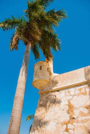 San Francisco de Campeche, Mexico: Old fortress wall, entrance and palm trees on blue sky backgroundの写真素材